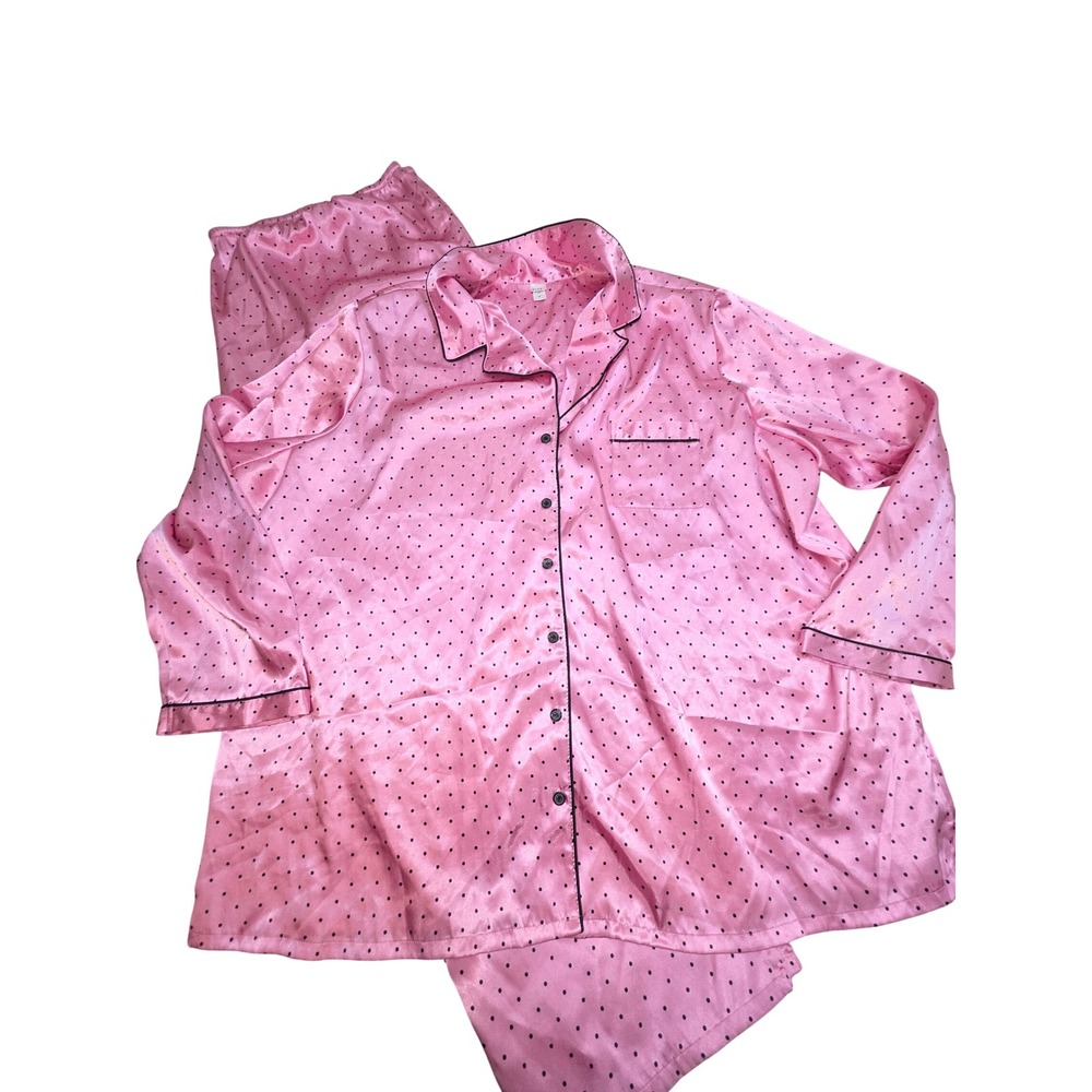 Pink K Womens 3X Satin Pajama Set Pink Black Polka Dot Button Up Long Sleeve 2pc